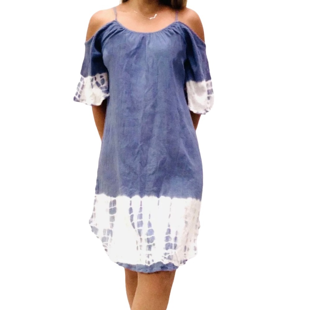 Topshop Small Tie Dye Blue & White Cold Shoulder Dress